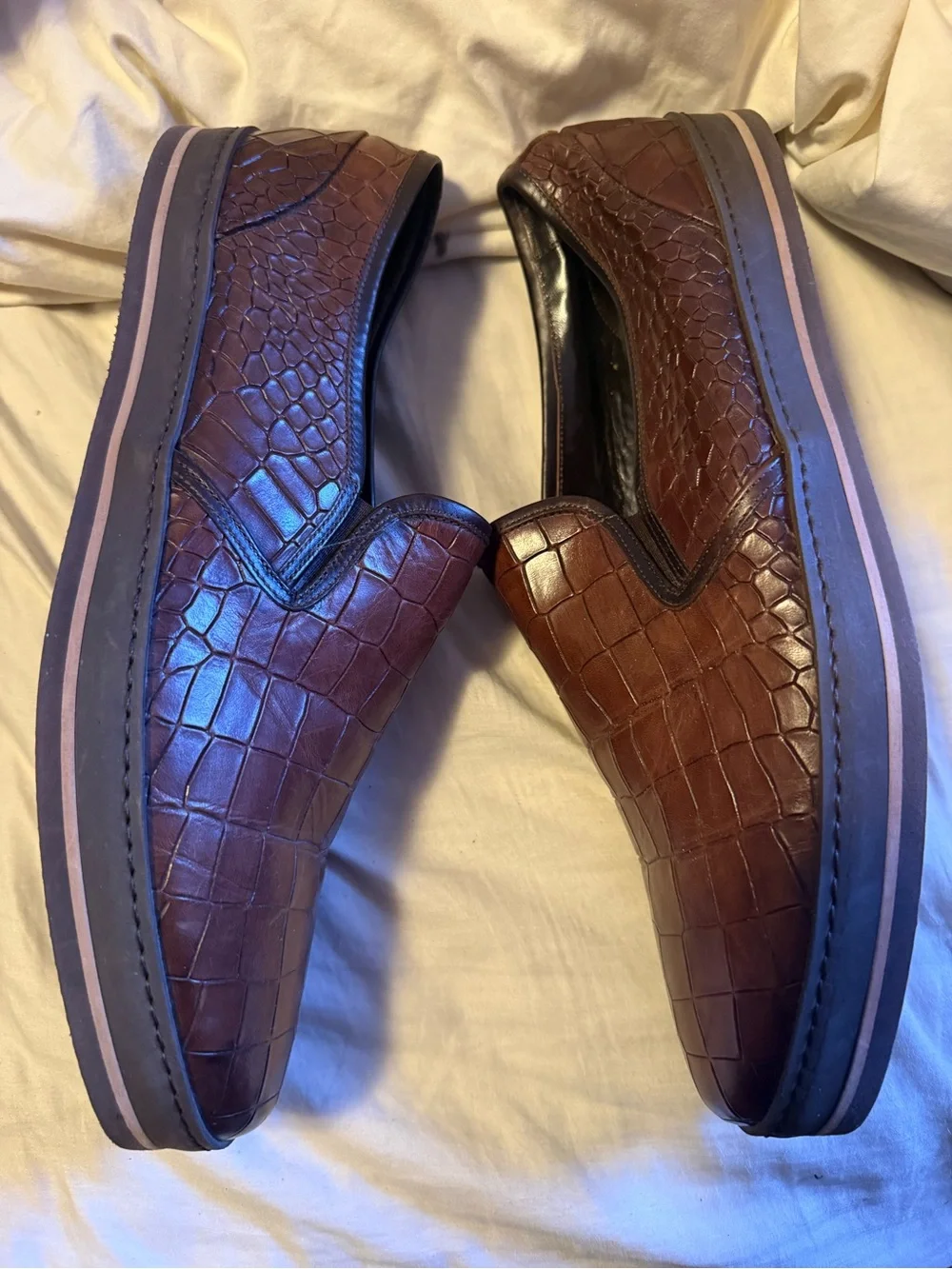 BALDININI Italy Men’s 43 Brown Croc Embossed Leather Luxury Slip On Sneakers